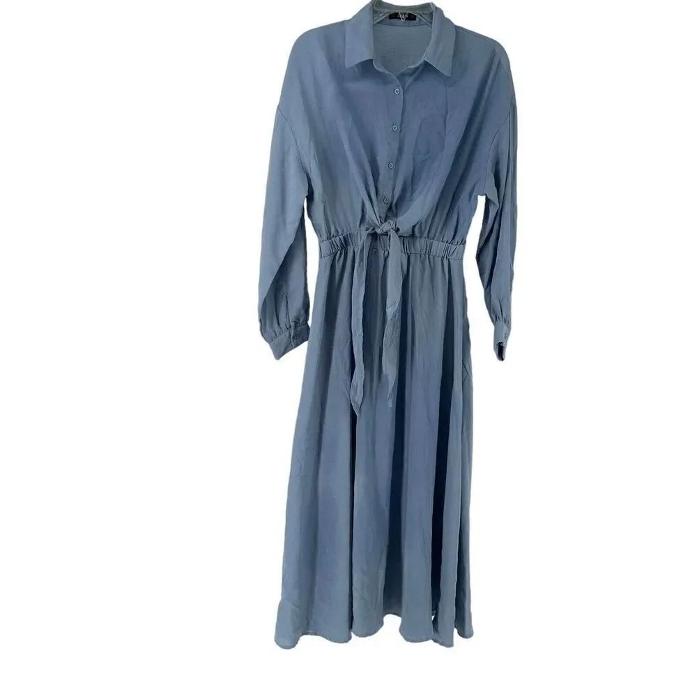 Blue Maxi Shirt Dress Long Sleeve Collared Button Up Knot Tie M Shein Prairie